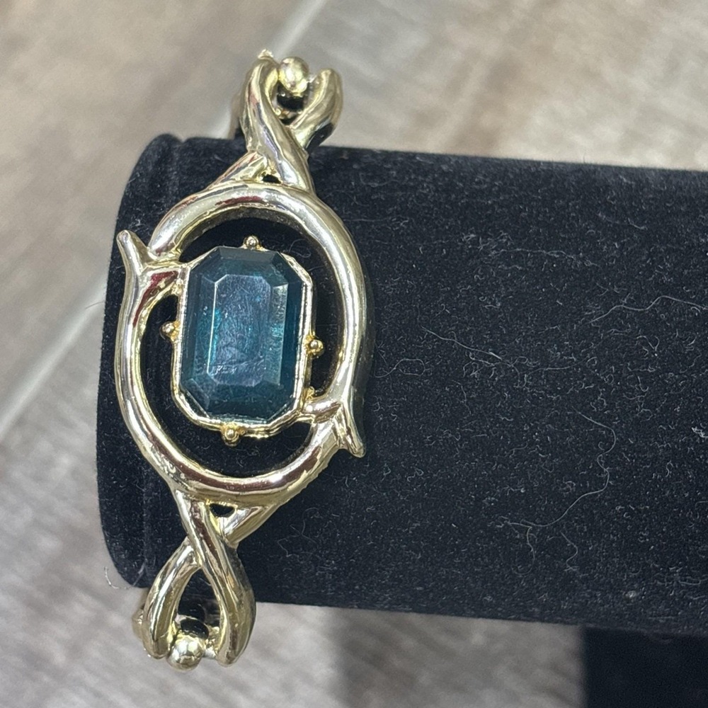 Vintage Gold Tone Blue Sapphire Glass Bracelet Art Deco Style Statement Jewelry